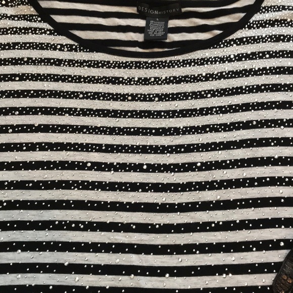 DESIGN history Black & White Stripe Silver Bling Top Cap Sleeve Round Neck L - Picture 6 of 12